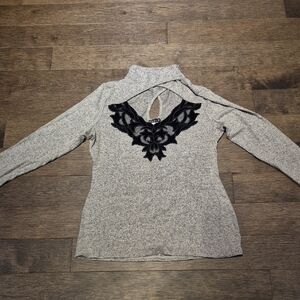 VENUS Heather Gray Long Sleeve Top with Black Appliqué Back